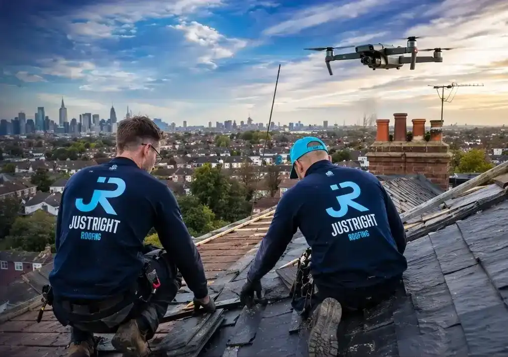 Two workers in Just Right Roofing shirts repairing a rooftop with a drone flying nearby over a city.